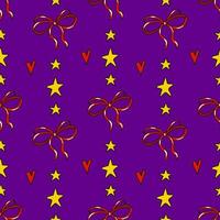 Vektor nahtlose Muster mit roter Schleife, Sternen und Herts auf violettem Hintergrund isoliert