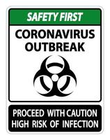 Safety First Coronavirus-Ausbruchszeichen auf weißem Hintergrund isolieren, Vektorgrafiken vektor