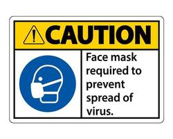 Vorsicht Gesichtsmaske erforderlich, um die Ausbreitung des Viruszeichens auf weißem Hintergrund zu verhindern vektor