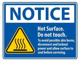 heiße Oberfläche, nicht berühren, um mögliche Hautverbrennungen zu vermeiden, die Stromversorgung trennen und sperren und die Oberfläche abkühlen lassen, bevor das Symbolzeichen auf weißem Hintergrund isoliert wird, Vektorabbildung vektor