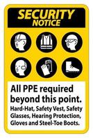 säkerhetsmeddelande ppe krävs utöver denna punkt. hjälm, skyddsväst, skyddsglasögon, hörselskydd vektor