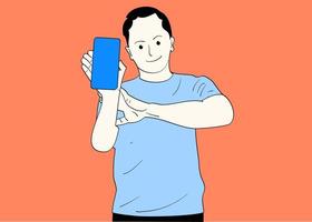 Mann mit glücklichem Gesicht, der sein Smartphone zeigt. handgezeichnete Stilvektordesignillustrationen. vektor