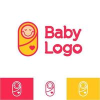 söt baby logotyp med liten glad flicka och pojke leende omsorg, leksaker och tillbehör butik emblem, vektor kontur färg tecknad stil illustration