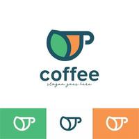 kopp kontur ikon kaffebönor blad dryck logotyp butik vektor illustration formgivningsmall