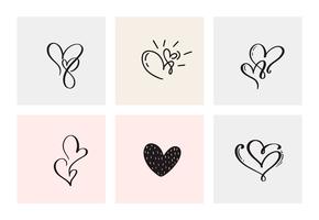 Satz von sechs Weinlese Vector Valentines Day Hand Drawn Calligraphic Hearts. Kalligraphie Schriftzug Abbildung. Urlaub Design Valentinstag. Ikonenliebesdekor für Netz, Hochzeit und Druck. Isoliert