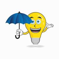 glödlampa maskot karaktär som håller ett paraply. vektor illustration