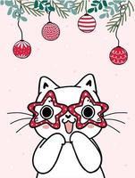 süße lustige verspielte glückliche überraschte Gesicht weiße Kätzchen Katze tragen festliche Sternform Brille mit Schneefall und Weihnachtskugel Dekoration im Hintergrund Cartoon Dodole Hand gezeichnet vektor