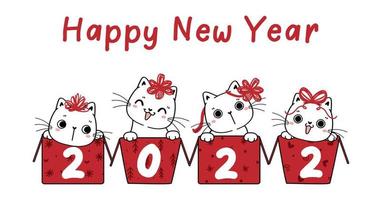 Gruppe von vier weißen lustigen Kätzchen in Kisten, frohes neues Jahr 2022, Idee für Grußkarten oder Banner, handgezeichnete Umrisse der Karikatur vektor
