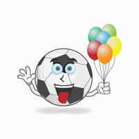 fotboll maskot karaktär som håller en ballong. vektor illustration