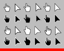 24 weißer Pfeil und Zeiger-Hand-Cursor-Icon-Set. Pixel und moderne Version von Cursorzeichen. Richtungssymbole und berühren Sie die Links und drücken Sie die Tasten einzeln auf grauer Hintergrundvektorillustration. vektor