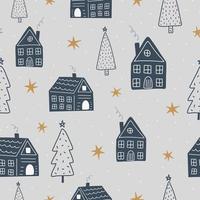 jul- och nyårssymboler med vinterhus och julgranar skandinaviska handritade sömlösa mönster. vektor söt utskrift. digitalt papper. designelement