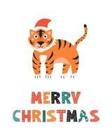 süßer Tiger in Weihnachtsmütze, Doodle-Stil Inschrift Frohe Weihnachten, Weihnachtskarte, Poster, Druck vektor