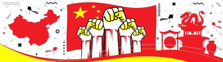 Kina nationell dag baner för oberoende dag årsdag med Kina flagga och Karta i modern, abstrakt design i röd och gul färger vektor