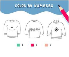 Malvorlagen mit süßen handgezeichneten Pullovern. Farbe nach Zahlen. pädagogisches Kinderspiel, Kinderaktivität zeichnen, druckbares Arbeitsblatt. vektor