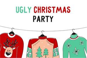 hässlicher Weihnachtsfeierhintergrund mit bunten Pullovern auf Kleiderbügeln. Vektorillustration für Feiertagsfahne vektor