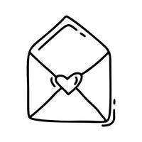 Vektor monoline kuvert. Valentinsdag Hand Drawn ikon. Heart Holiday sketch doodle Designelement valentin. kärleksdekoration för webben, bröllop och tryck. Isolerad illustration