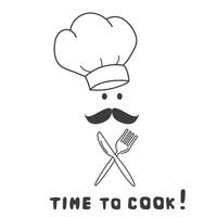 tid till laga mat ikon uppsättning. kniv och gaffel med kock hatt, mustasch isolerat på vit bakgrund. vektor illustration