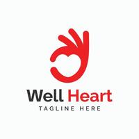 hjärta form och ok hand tecken logotyp design. kardiologi hälsa vård Centrum, medicinsk klinik logotyp. vektor
