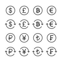 Währung Symbol Symbol setzt. Währung Austausch Linie Symbol Satz. Dollar, Euro, Pfund, Russisch Rubel, Yen, Bitcoin minimal Vektor Illustration.