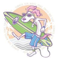 handgemalt Illustration von ein Surfer Hund im Karikatur Stil. Kunst im Komposition mit entspannt Text. editierbar Vektor Kunst.