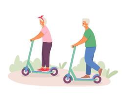 glücklich Paar Reiten trete Roller im Park, aktiv und gesund Lebensstil Konzept vektor