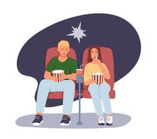 man och kvinna Sammanträde i bio, äter popcorn. vänner möte vektor