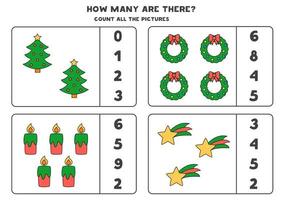 Zählspiel mit Weihnachtselementen. pädagogisches Arbeitsblatt. vektor