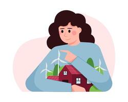 kvinna innehav hus med växter och vind turbiner nära. ekoteknik för elektricitet generation vektor