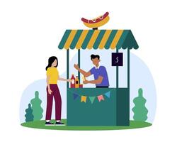 vuxen manlig försäljning gata mat utomhus. kiosk med snabb mat och kaffe vektor