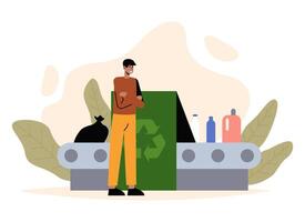 ung afrikansk man kontrollerande bearbeta av sortering sopor. grön miljö vektor