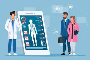 Paar Stehen in der Nähe von Smartphone und suchen beim virtuell Arzt vektor