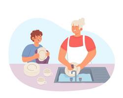 familjer matlagning i kök. mor och son tvättning maträtter vektor