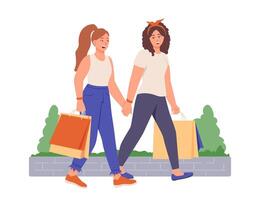 glücklich Frauen gehen außen, Gehen nach Einkaufen. Vektor Zeichen haben gut Zeit