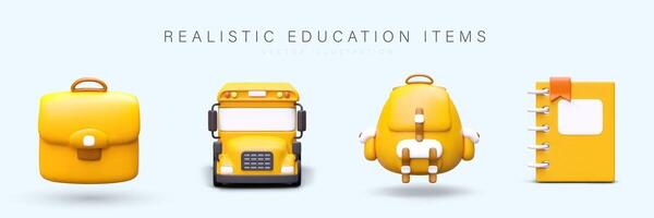 affisch med portfölj, skola buss, ryggsäck och anteckningsbok i gul färger vektor