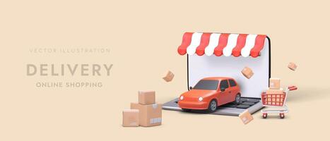 3d Laptop, Auto mit Wagen und Boxen. Netz Seite zum online Einkaufen Unternehmen vektor