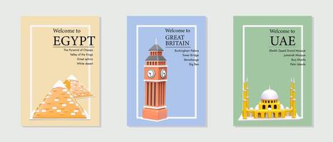 Farbe Vektor Plakate Über Besuch Sehenswürdigkeiten im Vereinigte Arabische Emirate, großartig Großbritannien, Ägypten