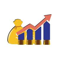 Geld Tasche Diagramm Zunahme, Geschäft Graph Pfeil oben Wachstum Investition. Diagramm Finanzen Einkommen erhöhen, ansteigen wachsend. Vektor Illustration eben Design.