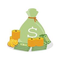 en pengar väska och lugg av guld mynt, pengar med en dollar tecken. representerar rikedom och finansiell framgång. platt vektor illustration.