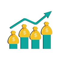 Geld Tasche Diagramm Zunahme, Geschäft Graph Pfeil oben Wachstum Investition. Diagramm Finanzen Einkommen erhöhen, ansteigen wachsend. Vektor Illustration eben Design.