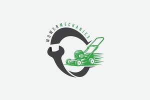 Mäher Mechanik Logo mit Mäher und Schlüssel Vektor mit eingängig Farben