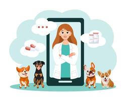 veterinär uppkopplad. kvinna veterinär på de telefon och söt hund. djur- hälsa baner eller landning sida mall, platt stil vektor illustration