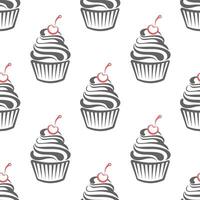 nahtlos Muster, linear Silhouetten von Cupcakes, Linie Kunst auf ein Weiß Hintergrund. Süss Nachspeisen. Essen Hintergrund, Vektor