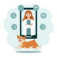 veterinär uppkopplad. kvinna veterinär på de telefon och söt hund. djur- hälsa baner eller landning sida mall, platt stil vektor illustration