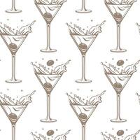 nahtlos Muster, Silhouetten von Brille mit Cocktail, Oliven und Kirschen. Spritzen von Cocktails. Linie Kunst, Vektor