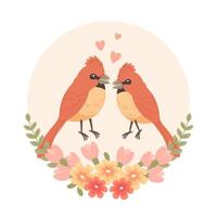 süß Karikatur Liebe Vögel im ein Blume rahmen. Design zum Gruß Karte, Einladung Karte zum Hochzeit, Geburtstag. Vektor