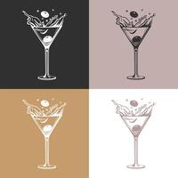 glasögon med cocktail, oliver och körsbär, linjär ikoner uppsättning. stänk cocktails. linje konst, vektor