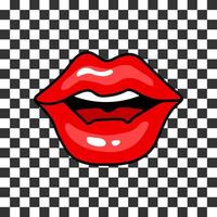 rot weiblich Lippen auf ein kariert retro Hintergrund. Jahrgang Illustration im 90er Jahre Pop Kunst Stil. Aufkleber, Vektor