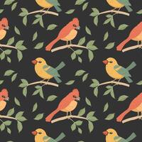 nahtlos Muster, süß hell Vögel auf Baum Geäst auf ein dunkel Hintergrund. Frühling Illustration im eben Karikatur Stil. Vektor