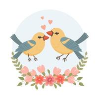 süß Karikatur Liebe Vögel im ein Blume rahmen. Design zum Gruß Karte, Einladung Karte zum Hochzeit, Geburtstag. Vektor