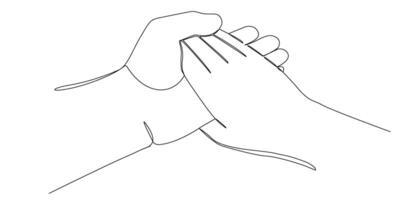 Zeichnung von Frau Hand Das ruht auf das Palme von des Mannes Hand im einer kontinuierlich editierbar Linie. Vektor Illustration